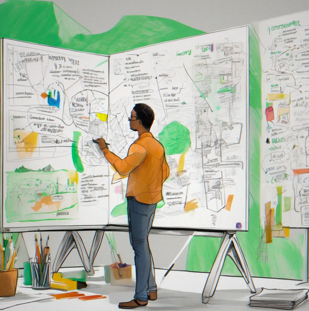 Someone mapping out narrative pillars on a whiteboard whule the team watches and brainstorms