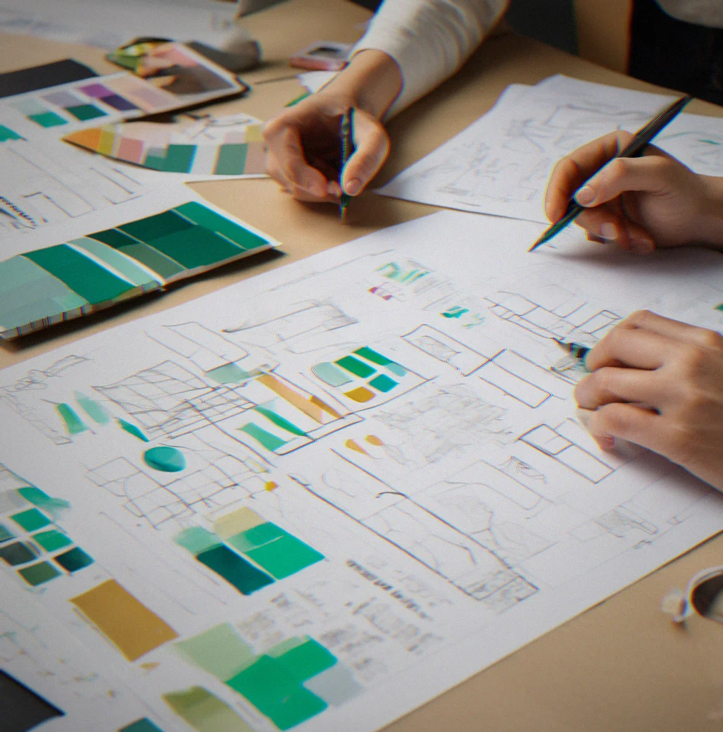 Two people looking at brand guidelines on one screen, jotting down feedback as they go through it