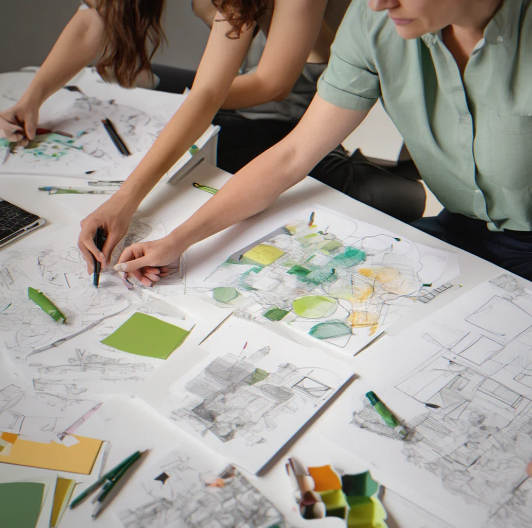 Team huddled around a table with sketches, notes, and brand materials scattered everywhere, deep in discussion