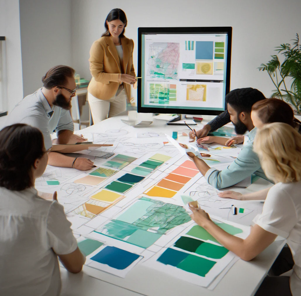 A strategist presenting positioning and narrative framework on a screen to a creative team gathered around a desk