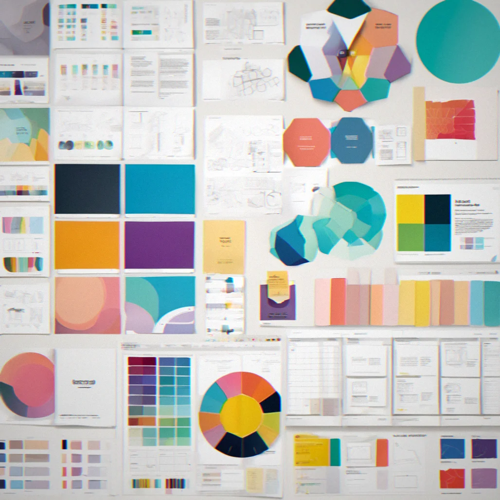 A comprehensive visual system showing typography scales, color palettes with hex codes, and grid specifications laid out in a design file