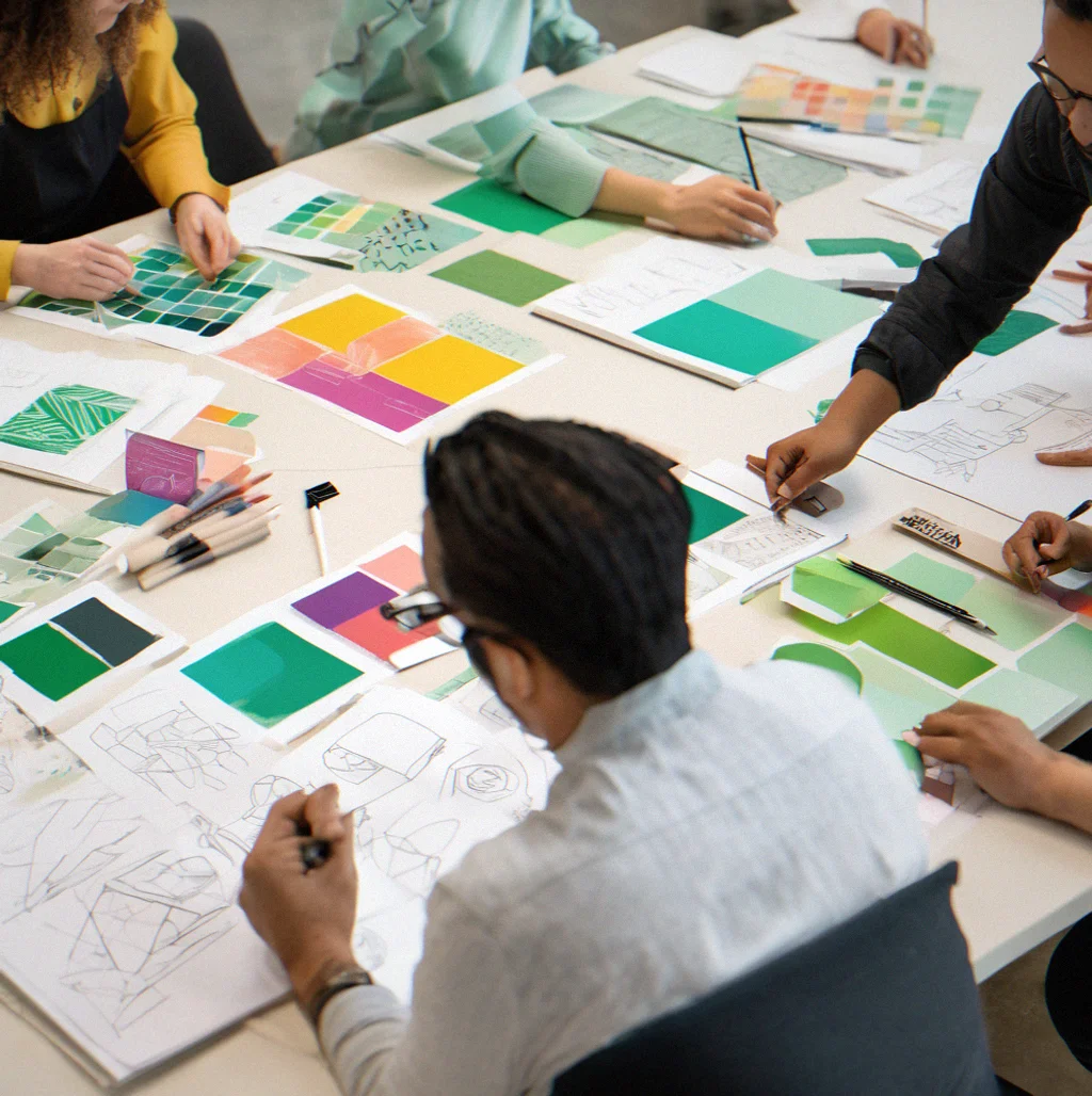 A workshop session where team members are learning to apply custom brand guidelines with hands-on examples and documentation