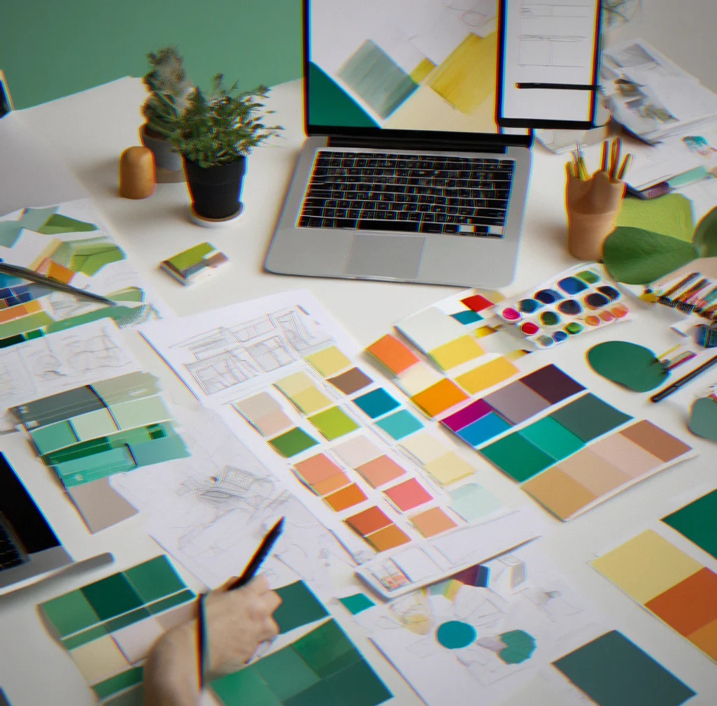 Designer working through a custom brand system with color palette, typography, and visual hierarchy spread across a desk