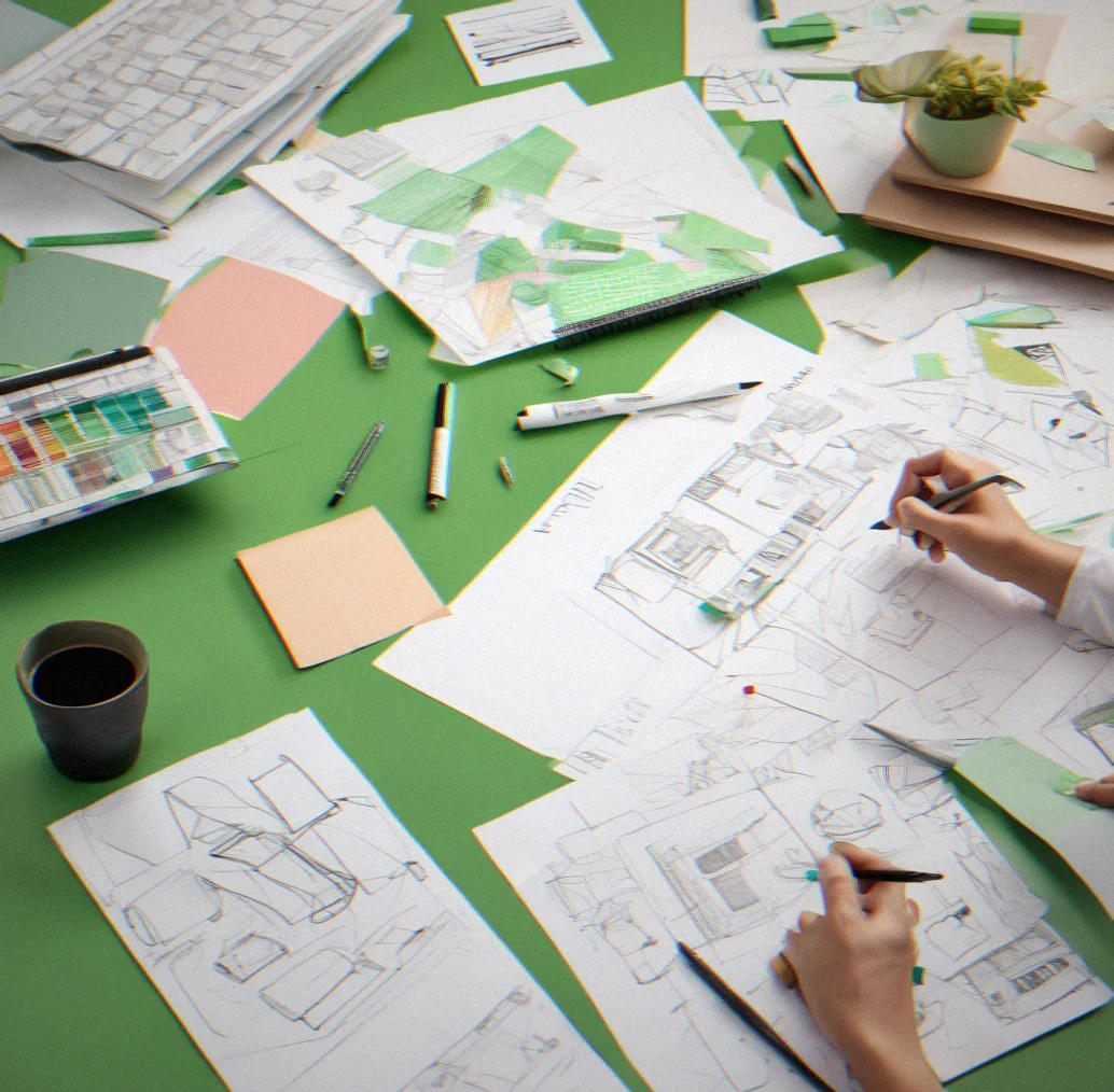 A designer frustrated at a desk surrounded by template variations and customization notes, showing repetitive iteration